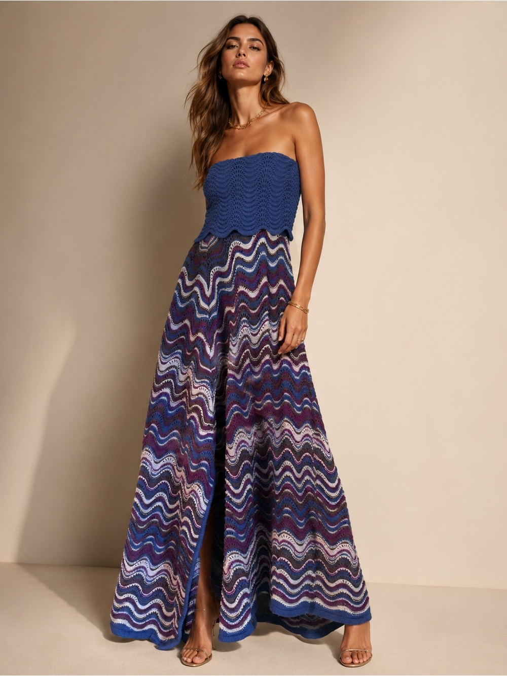 vintage Missoni strapless maxi  dress lilac purple pattern size. M 100% wool